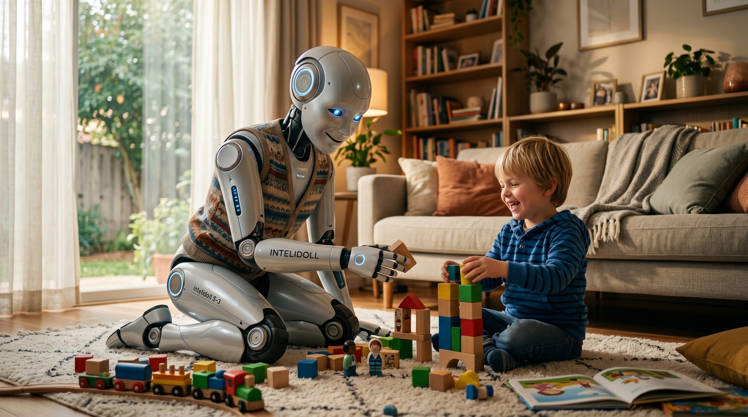 InteliDoll humanoid robot babysitting a realistic human child